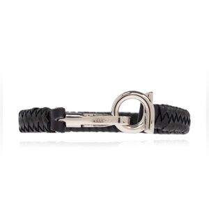 Salvatore Ferragamo Black Braided Leather Bracelet with metal accents logo new